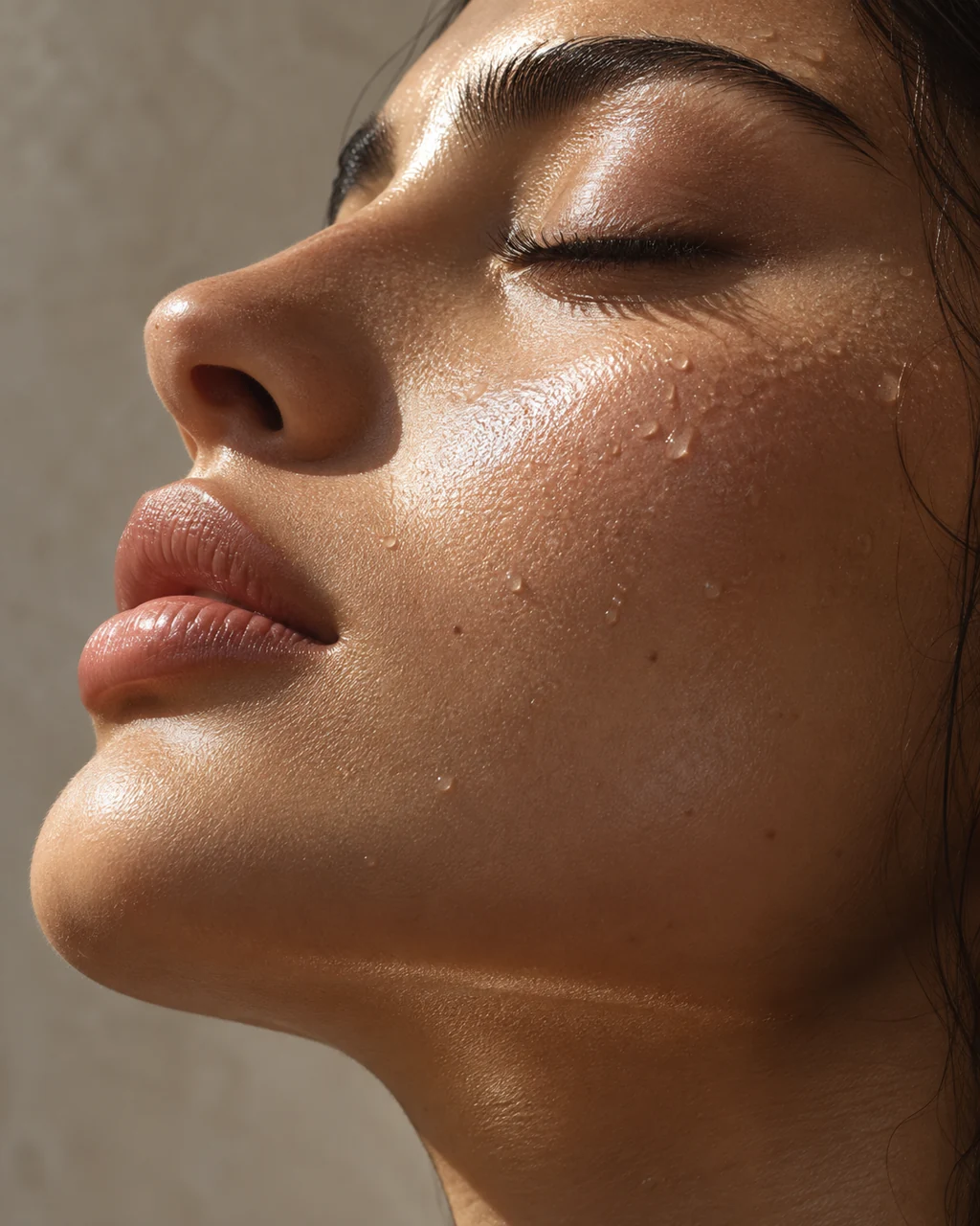 AI campaign concept: sculptural light on dewy natural skin